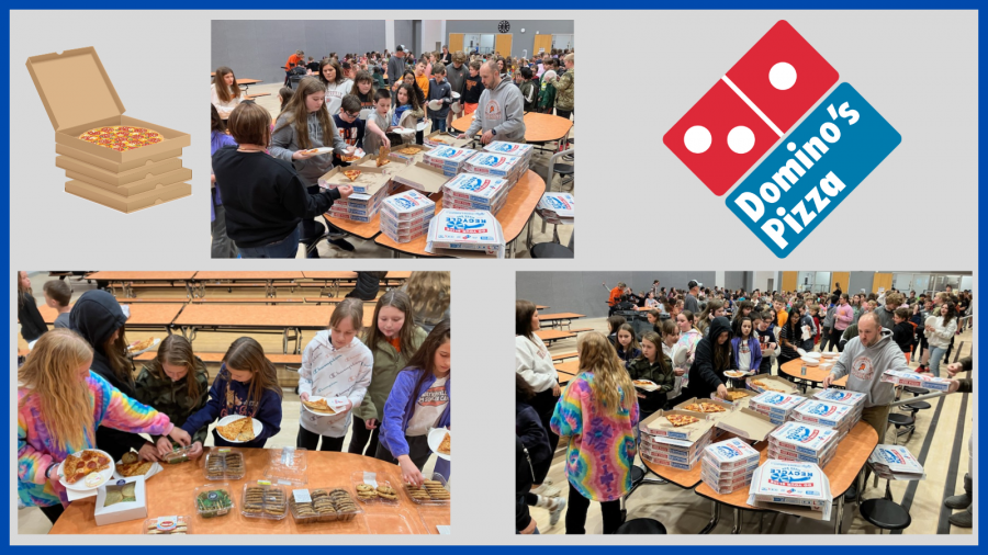Collage of students getting Dominos pizza